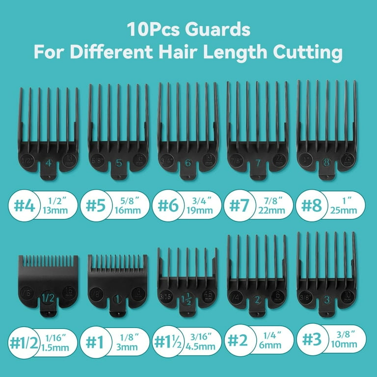 Clipper Guards Set Compatible with Most Wahl Clippers, Clipper Guides Replacement - 1/16" to 1", 10 Piece Set, Black Color