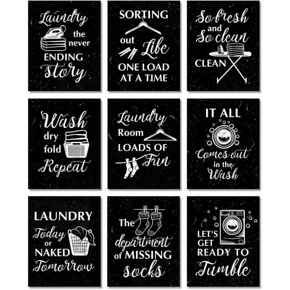 Funny Laundry Rules Sign Canvas Painting,Creative Laundry Saying Art Prints Set of 9(8’’X10’’,Unframed),Modern Minimalist Chalkboard Words Wall Art Poster for Laundromat Wash Room Decor