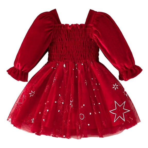 OBEEII Velvet Dress for Infant Toddle Girls Fall Winter Long Sleeve Tulle Tutu Dresses Snowflake Print Casual Party Outfits Wedding Flower Girls Dress