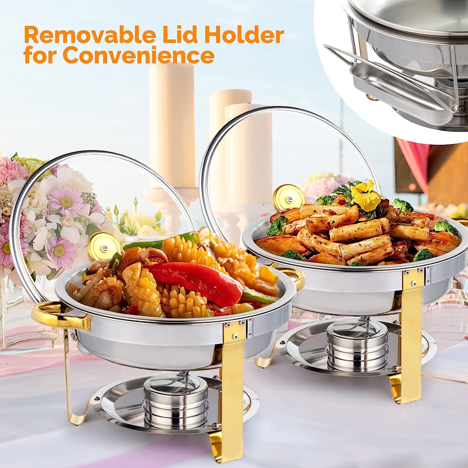 Warmounts 4-Pack Chafing Dish Buffet Set, 5QT Round Buffet Servers and  Warmers Set, Stainless Steel Catering Food Warmer with Glass Lid & Holder  for Party Home Garden Wedding 
