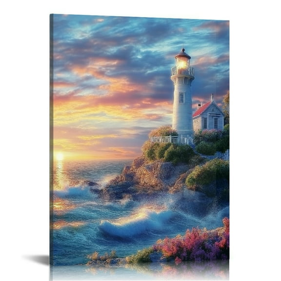 GooTPa Sunset Seaside Lighthouse Canvas Wall Art, Canvas Prints Wall Art for Living Room Bathroom Bedroom Office, Art Print Painting for Home Decorations - 12x16in
