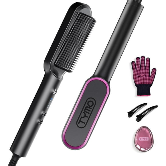 TYMO Hair Straightener Brush, Flat Iron & Comb 2 in 1 for Straightening, Anti-Scald Hot Comb, 5 Temp for All Hair Types, Straightening Brush for Women, Fast Finish with Smooth, Shi