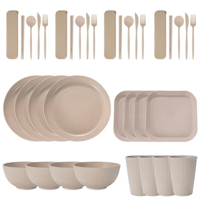 Nvzi Wheat Straw Dinnerware Sets, 36-Piece Plates and Bowls Sets, Cutlery, Microwave Safe Unbreakable Dinnerware for Parties, Picnic, College Dorm, Camping Beige