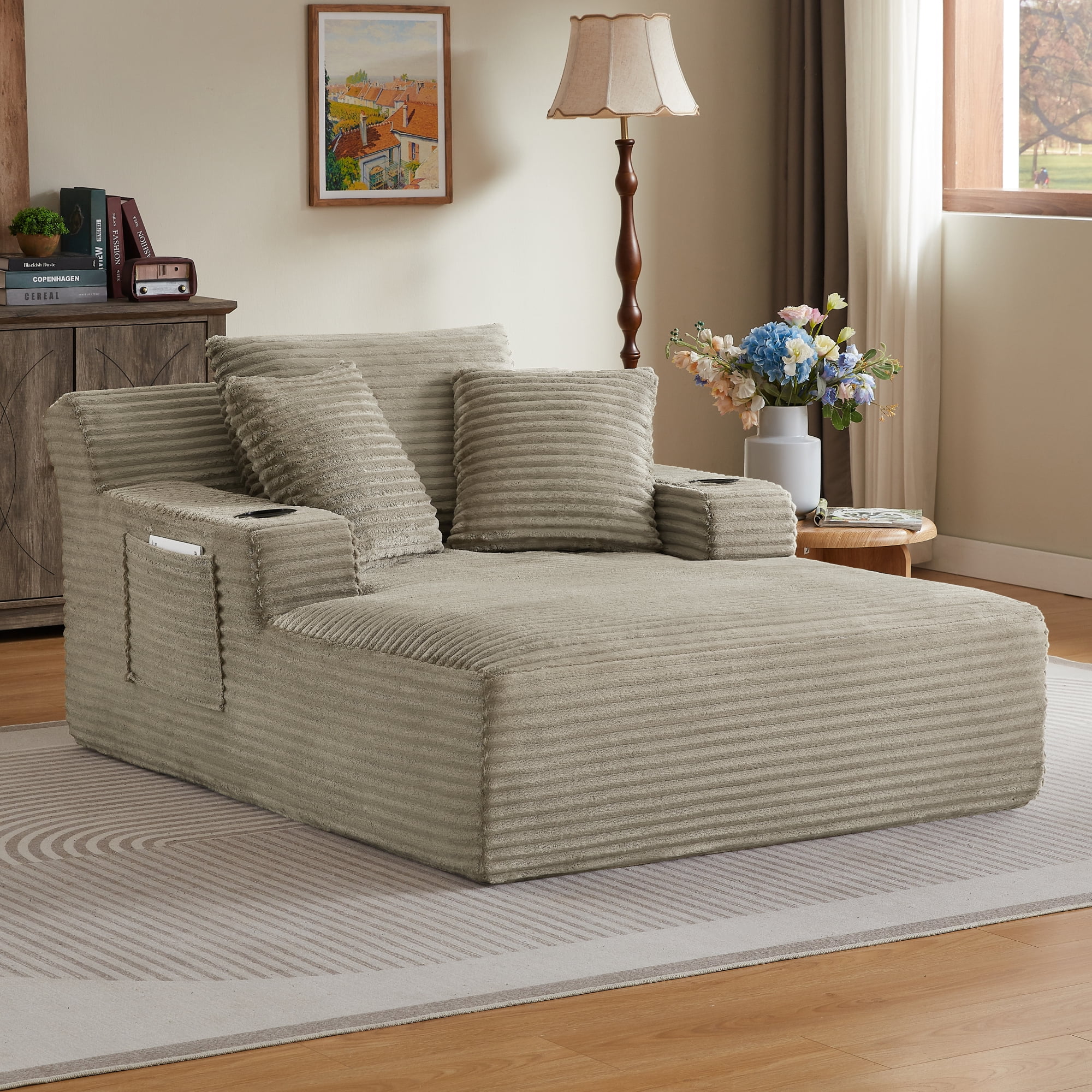 Leumius Oversized Chaise Lounge Chair Indoor,Cloud Plush Corduroy Upholstered Sofa Bed with Cupholders,Deep Seat Boneless Sofa with Pillows for Living Room Bedroom, No Assembly Required,Camel