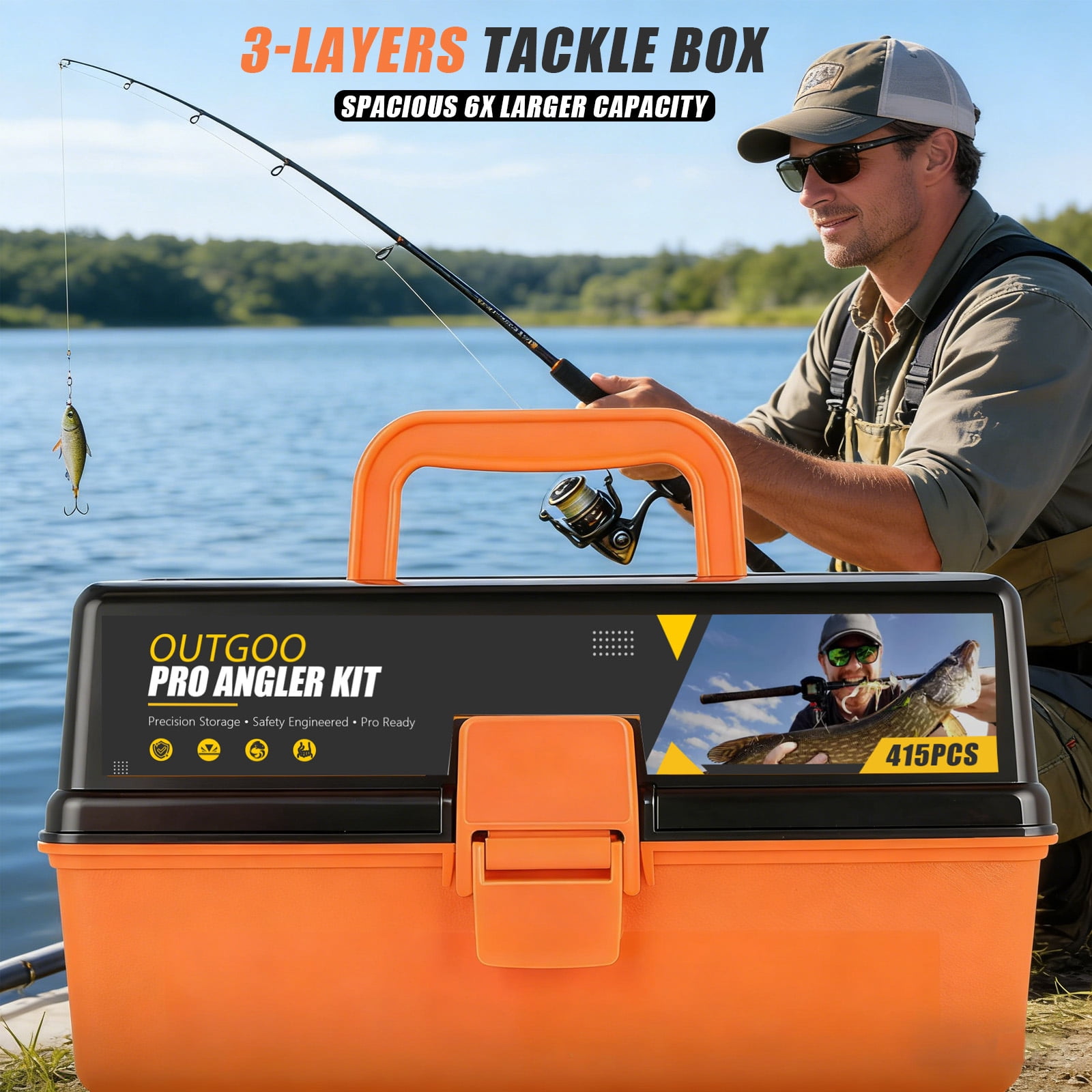 OUTGOO Large 3-Layer Fishing Tackle Box with Tackle Included, 415Pcs Fishing Lures Kit with Pliers, Crankbait, Hooks, Weights & Accessories, Freshwater Bass Fishing Gear and Equipment, Gift for Men