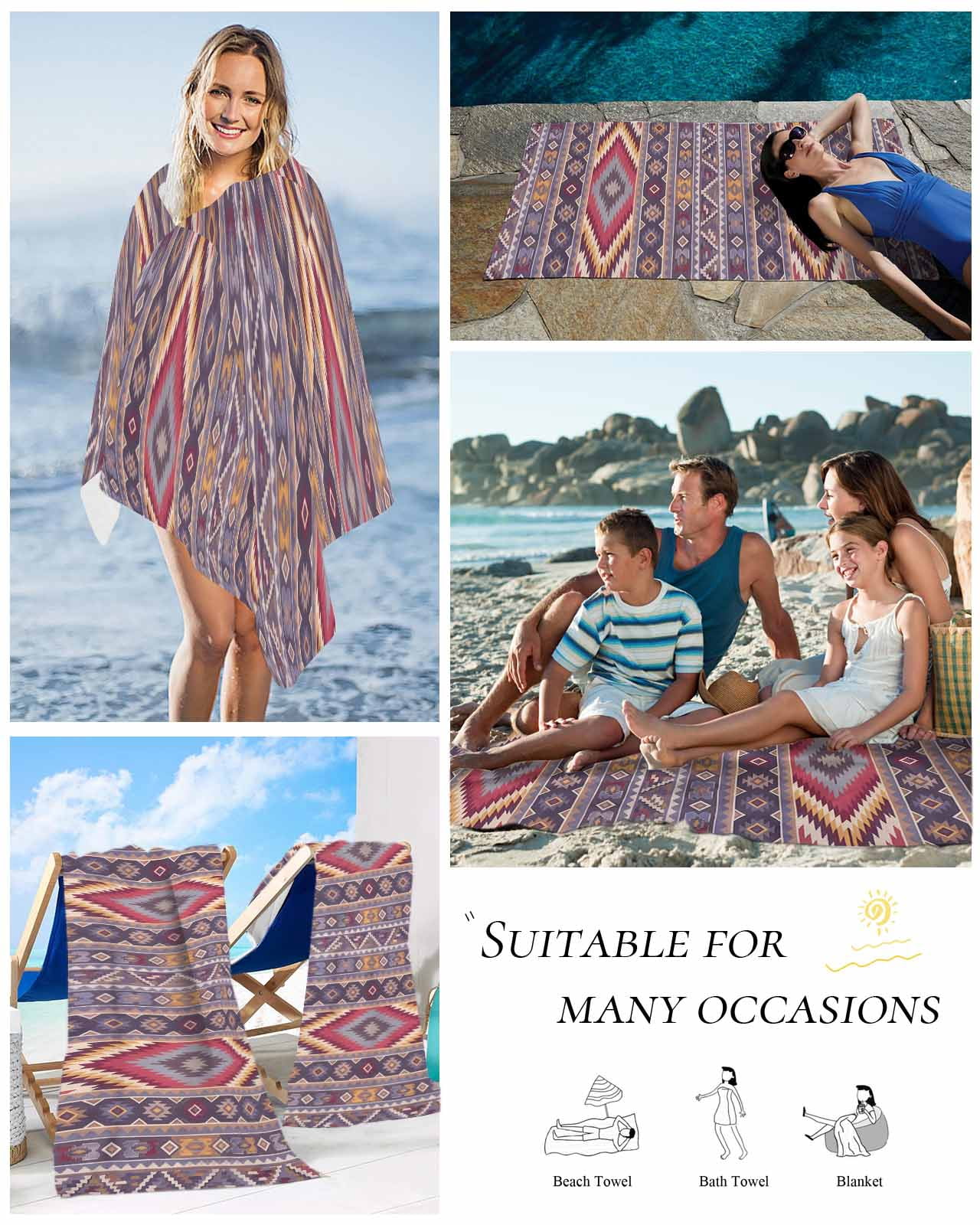 Southwest Aztec Beach Towels Oversized Super Absorbent, Country Retro Ethnic Geometric Motifs Lightweight Bath Towel Quick Dry Sets For Bathroom/Pool/Rv Camping/Beach Play/Gym Room/Picnic 23"x47"
