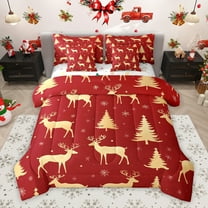 Manfei Christmas Reindeer Moose Twin Bedding Sets 7-Piece, Red Gold Cartoon Bedding Comforter Set, Winter Xmas Tree Snowflake Reversible Sheet Sets, Lightweight Room Decor