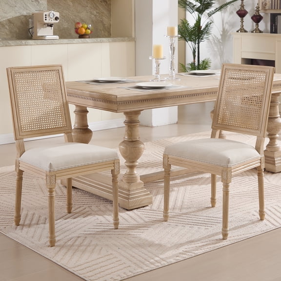 Boho Mid Century Modern Dining Chairs Set of 2, Rattan Dinning Chair with a Square Back, Beige Dining Chair, Linen Upholstered Kitchen and Dining Room Chairs