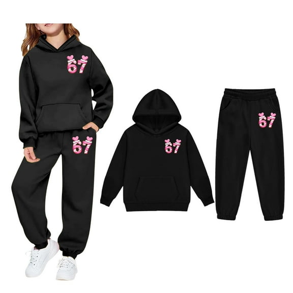 Girls Boys Sweatsuit Set 2PC Creative Graphic 67 Pullover Hoodie Sweatshirt and Sweatpants Winter Clothes Boys Jogger Set 6-7 Years