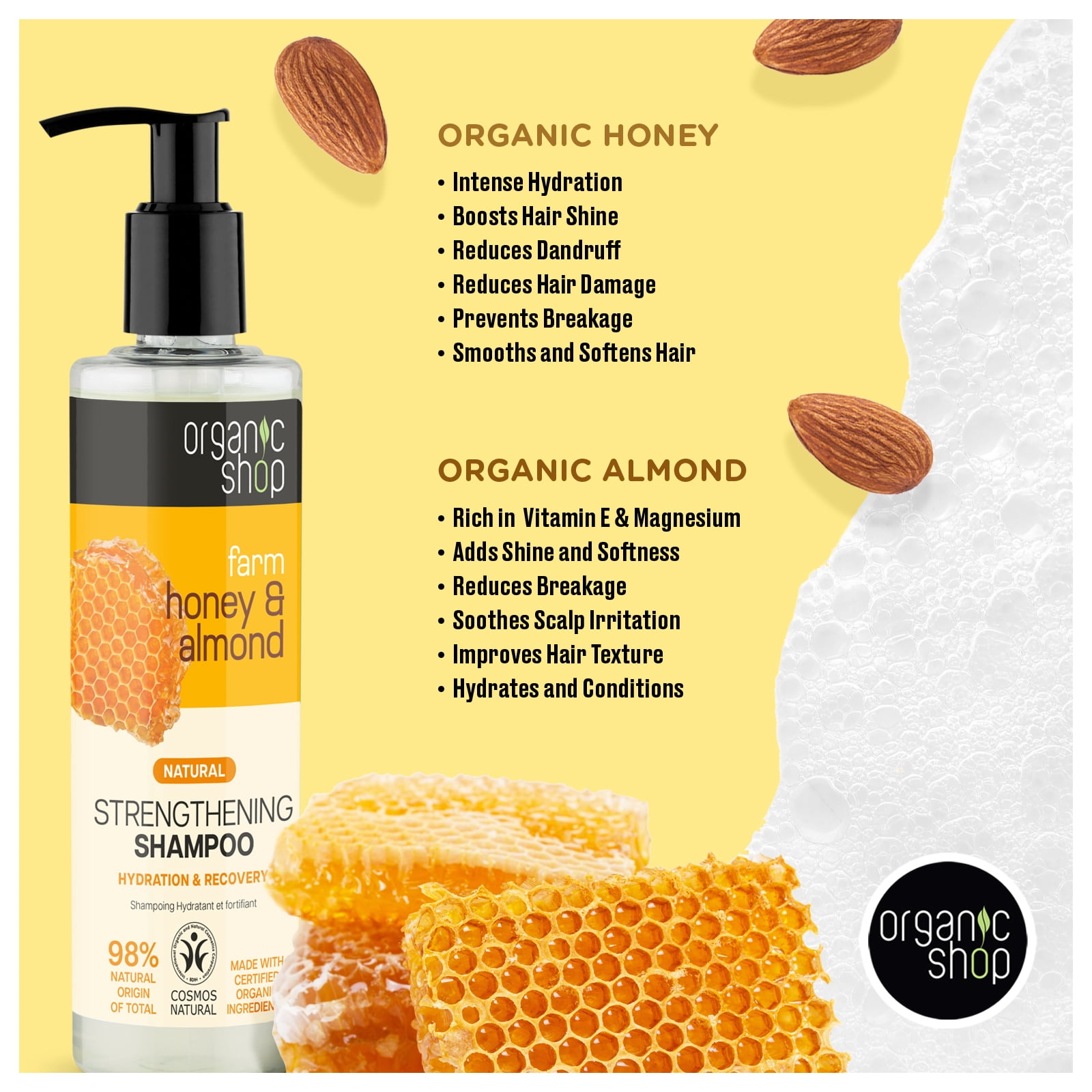 Organic Shop Raw Honey & Almond – High Strengthening Shampoo + Conditioner Deep Repairing - 100% Vegan & Organic, Rich In Vitamins & Minerals, Silky Hydration & Nourishing. 9.5 Fl Oz
