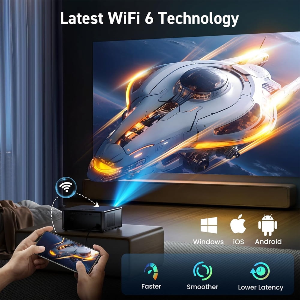LCD Projector with WiFi and Bluetooth, Native 1080P 4K Support Outdoor Movie Projectors Max 450" Display, Electric Focus Theater Projector for iOS/Android/TV Stick