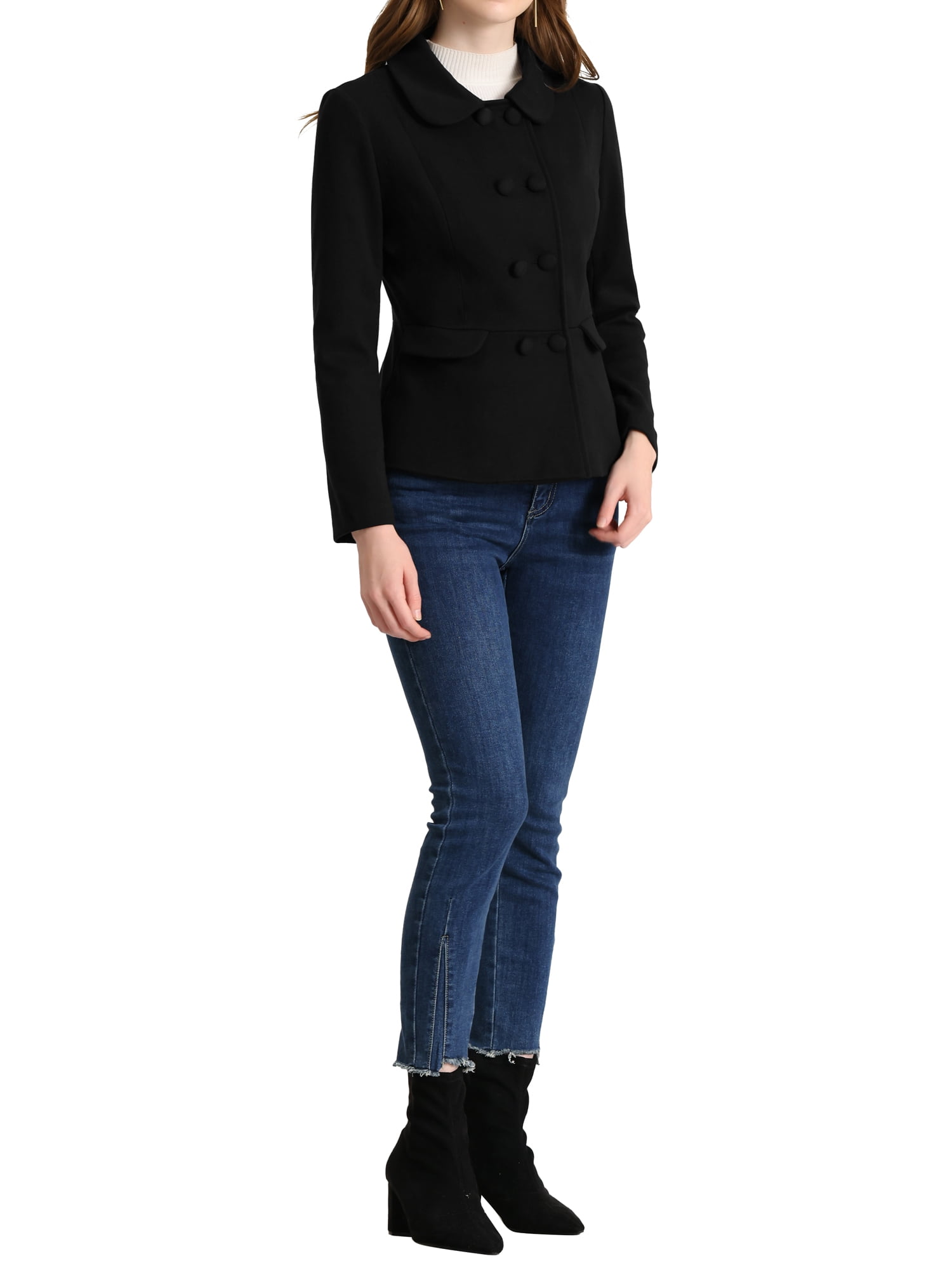 Unique Bargains Women's Button Decor Casual Peter Pan Collar Peplum Blazer