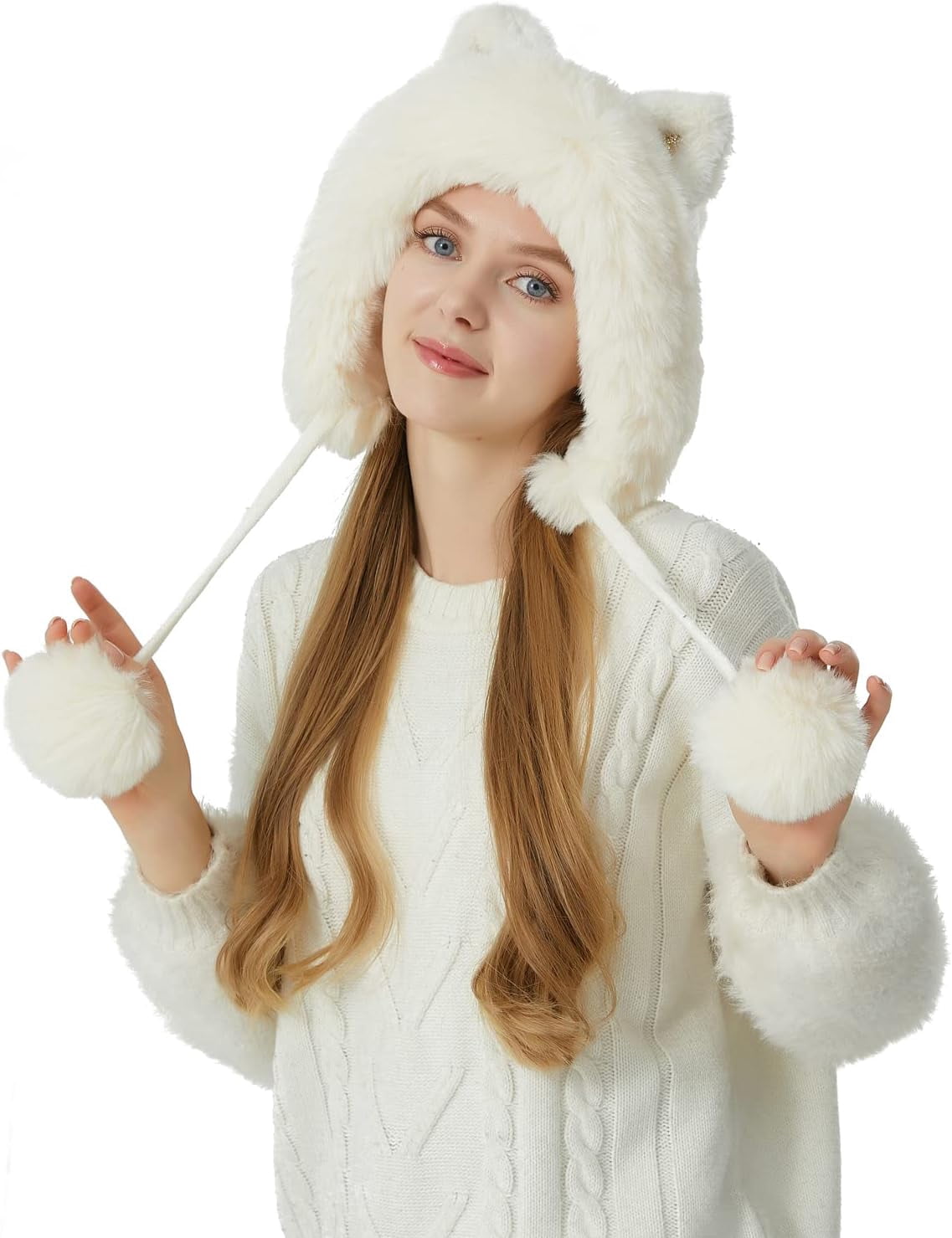 Women Winter Cover Ears Beanie Hat Ear Flaps Ski Snow Hats Knit Fleece Lined 3 Pom Pom