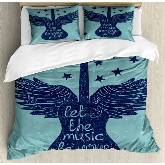 Music Queen Size Duvet Cover Set, Guitar Silhouette with Wings Stars and a Quote Retro Grunge Look, Decorative 3 Piece Bedding Set with 2 Pillow Shams, Pale Slate Blue and Navy Blue, by Ambesonne