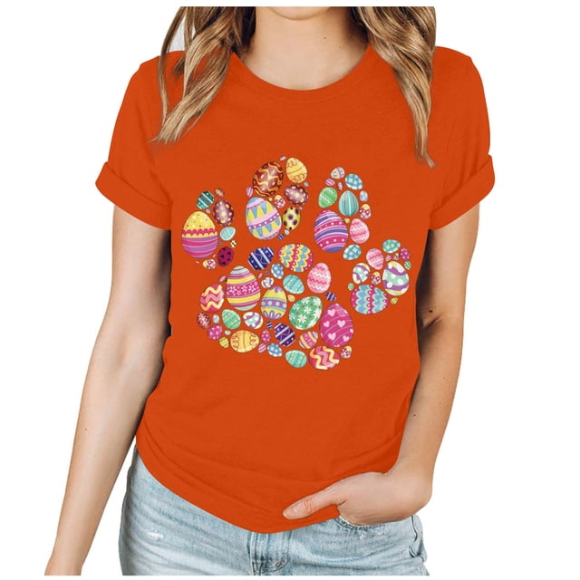 EGNMCR Chemises de Pâques pour Femmes Chemises Imprimé de Pâques Manches Courtes Col Rond T-Shirts pour Femmes