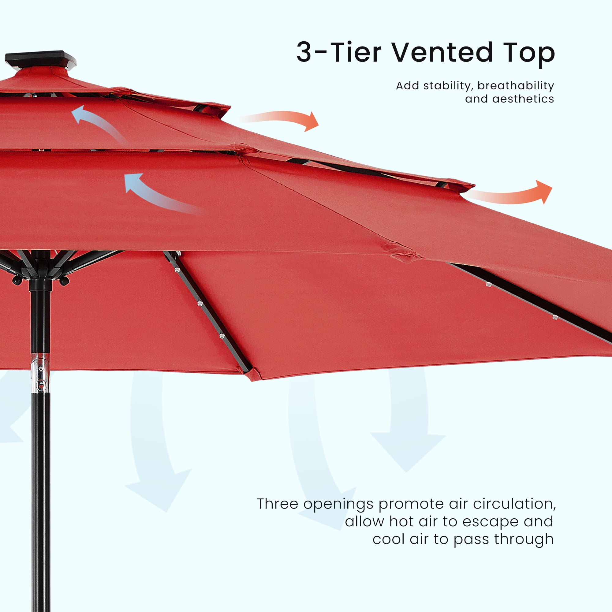 EDX 10ft 3-Tier Solar Patio Umbrella with 32 LED Lights, Outdoor Umbrellas with Push Button Tilt and Crank,Red