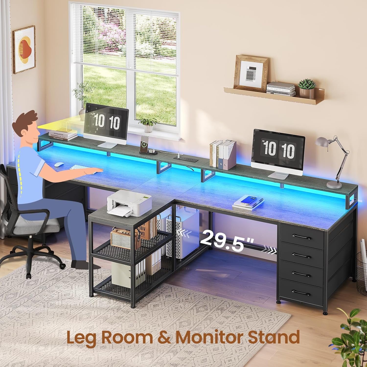 2 Person Desk with Storage, 94.5" Long Desk with 8 Drawers and Open Shelves, Home Office Desk with Monitor Stand and Power Outlets, Gaming Desk Dual Person Desk with LED Lights, Grey