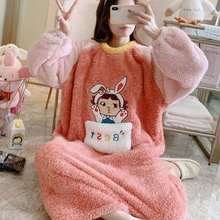 

CoCopeaunt Winter Pajamas Women Plush Coral Fleece Sleepwear Cartoon Cute Warm Thick Nightgown Lovely Embroidery Loose Nightdress Nightwear