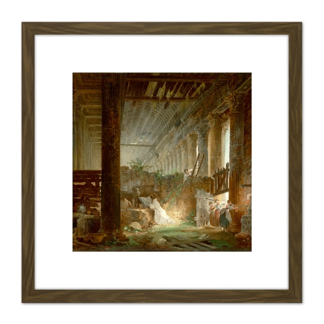 Robert Hermit Praying Ruins Roman Temple Painting 8X8 Inch Square Wooden Framed Wall Art Print Picture with Mount