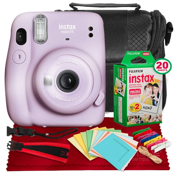 FUJIFILM INSTAX Mini 11 Instant Film Camera (Lilac Purple) + Fujifilm Instax Mini Twin Film (20 Exposures), Camera Carrying Case, Xpix Camera Strap & Funky Film Frames