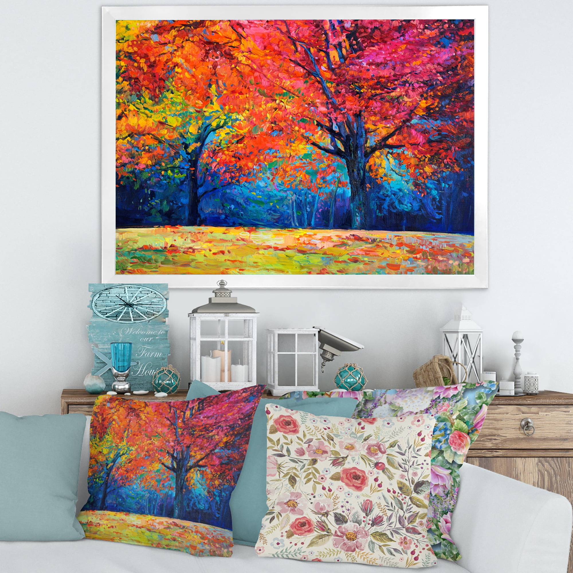 Designart 'Abstract Vibrant Red Tree In Autumn Landscape' Traditional Framed Art Print