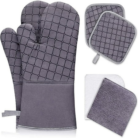 

HXAZGSJA Oven Mitts and Pot Holders 6pcs Set Kitchen Oven Glove High Heat Resistant Extra Long Oven Mitts and Potholder(Gray)