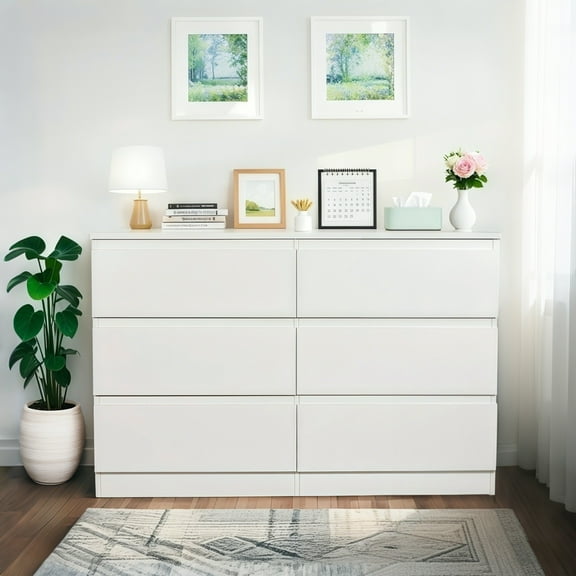 6 Drawer Dresser, Modern Dresser with Spacious Countertop, Wood Storage Cabinet with Concealed Handles & 6 Deep Drawers for Bedroom, Living Room, Entryway, White