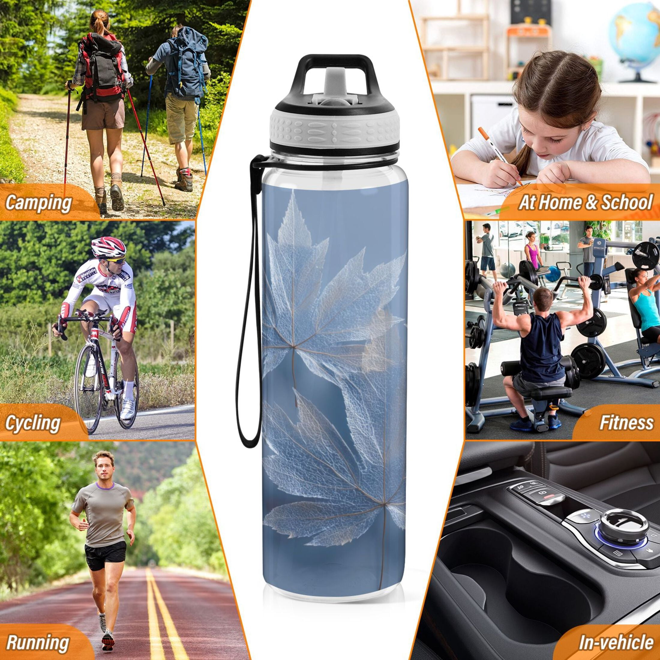 1000ML Transparent Sports Water Bottle with Handle & Straw Portable Water Bottle for Outdoor Camping Gym Glass Mapleleaves