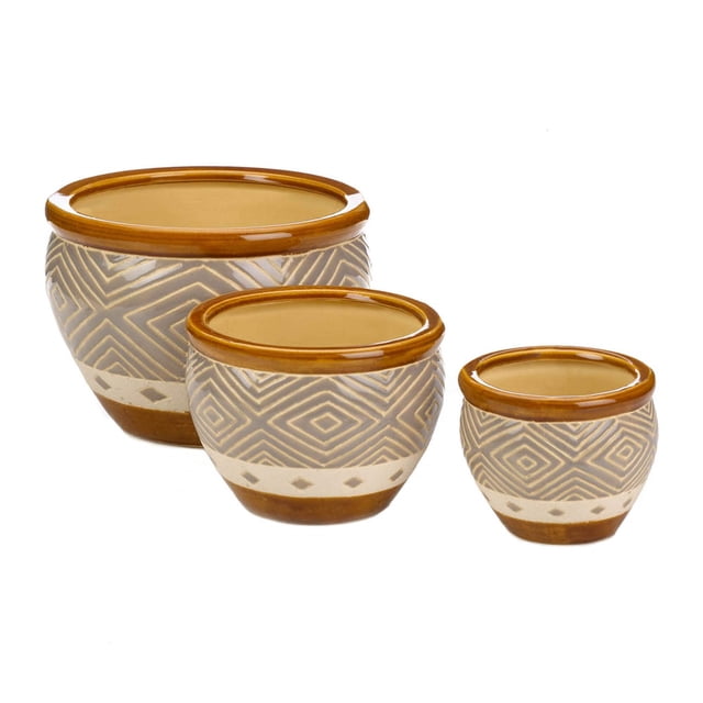 Accent Plus Earth-Tone Ceramic Diamond Pattern Planter Set