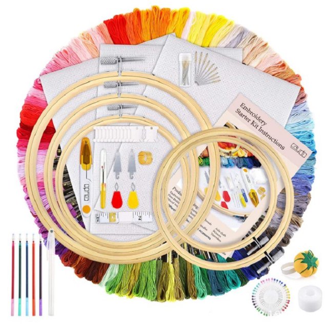 Kit de bordado de 206 piezas, kit de punto de cruz con instrucciones, 5 aros de bordado de bambú, 100 hilos de colores, 3 piezas de tela Aida y herramientas de punto de cruz para principiantes