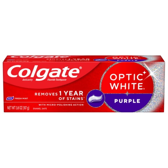 Colgate Optic White Purple Teeth Whitening Toothpaste with Fluoride, Fresh Mint Flavor, 3.8 OZ
