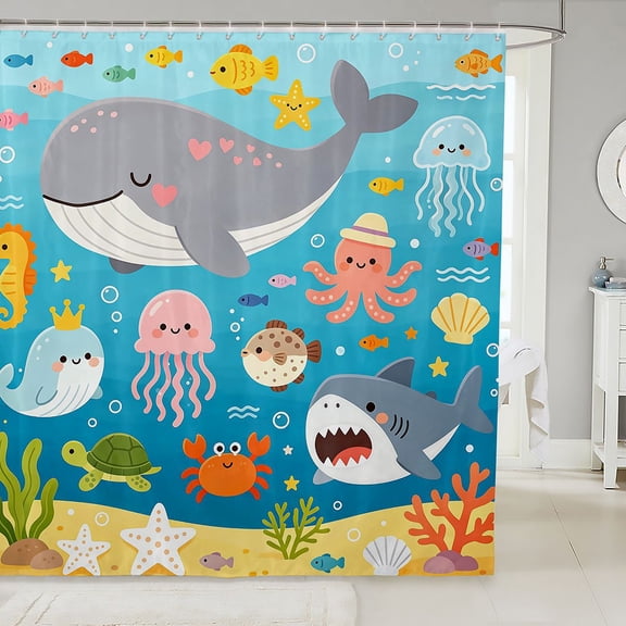 Manfei Cartoon Ocean Shower Curtain 72Wx72L, Kawaii Whale Shark Bathroom Curtain, Bright Blue
