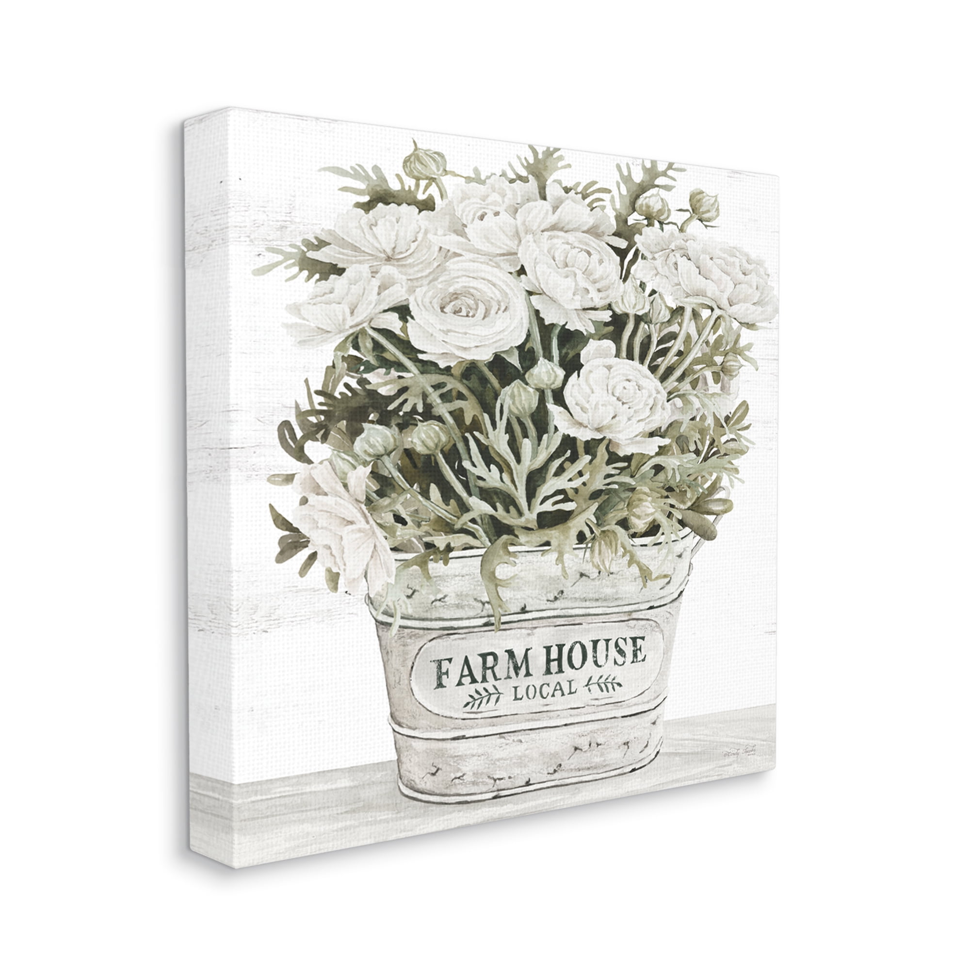 Stupell Industries Farmhouse Planter White Rose Blossoms Rustic Table Painting Gallery Wrapped Canvas Print Wall Art, Design by Cindy Jacobs