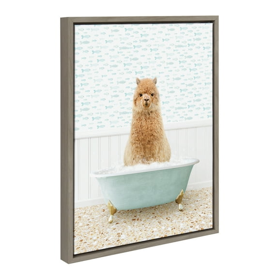 Kate and Laurel Sylvie Alpaca in Little Fish Bath Framed Canvas Wall Art by Amy Peterson Art Studio, 18x24 Gray, Cute Animal Bathtub Art for Wall