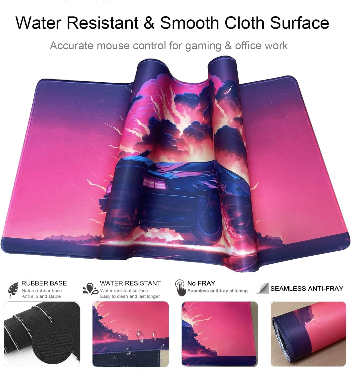 Large Gaming Mouse Pad, Extended XXL Desk Pad & Non-Slip Rubber Mat for Mice and Keyboard with Stitched Edges (90x40 retrowavecar013)