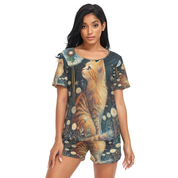 Women Pajama Sets Short Sleeve Sweatshirts Feline Wonder Casual Tops and Shorts