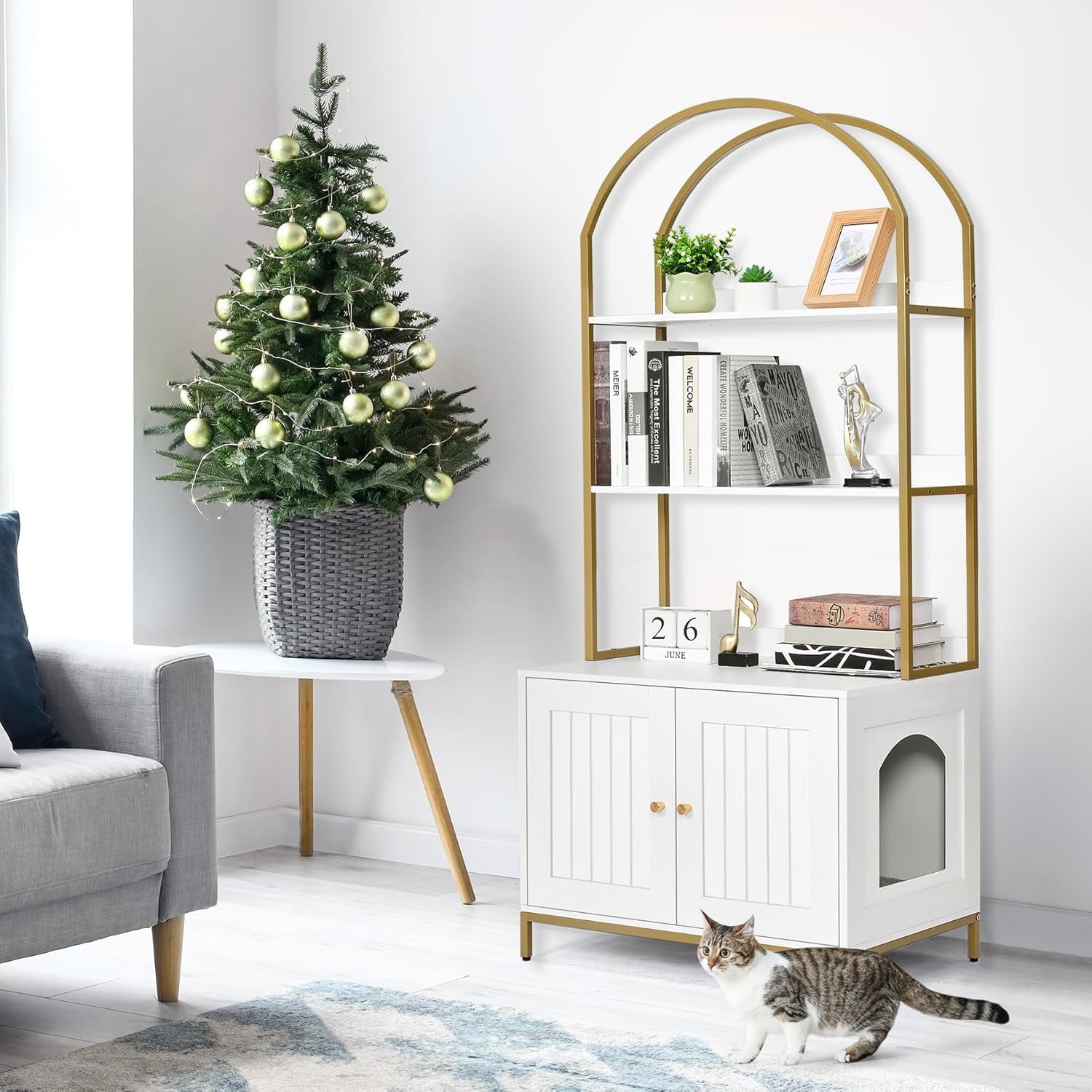 Cat litter box, cat litter box furniture with double-layer storage shelves, wooden cat restroom furniture with metal frame, modern style, white and gold