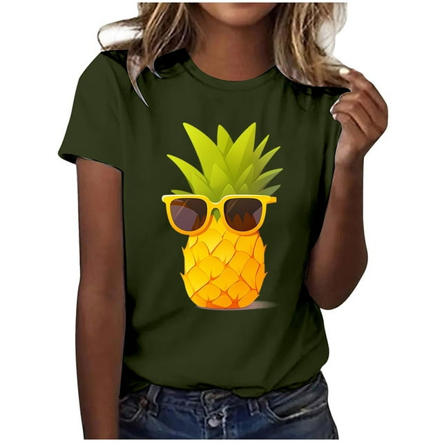 T-shirts Oversize pour Femmes Mode Respirant Imprimé Ananas T-Shirt Manches Courtes Haut Vert Armée m