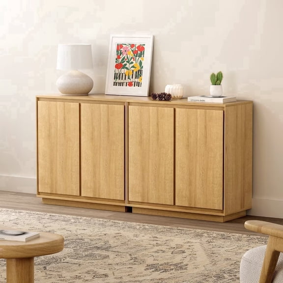 EYYTHUNG Buffet Storage Cabinet Set of 2, Sideboard Accent Cabinet Modern Credenza, Console Table, Natural Oak