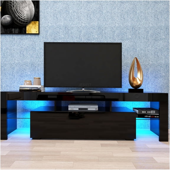JERFIT 70 inch TV Stand with LED Lights, Modern TV Console with Remote Control, High Gloss Black Entertainment Center with Storage for Living Room