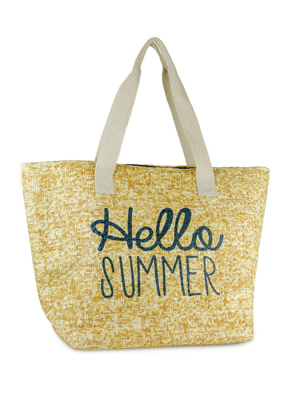Women's Hello Summer Insulated Paper Straw Verbiage Beach Tote Bag with Flat Handel