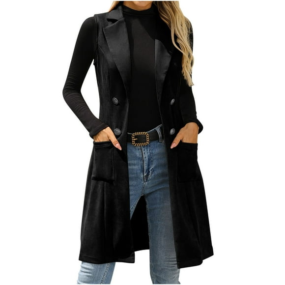 JGGSPWM Women's Vintage Temperament Suede Suit Vest Long Cardigan Jacket Sleeveless Hoodless Casual Coat Jacket Black L