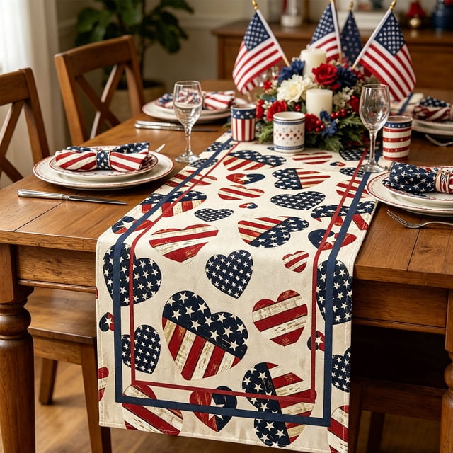 Aufmer Patriotic Festival Table Runner Set Star Firework USA Flag Printed Polyester Cloth Mat Combination For 4th Of July Dining Room Multi Scene Holiday Layout