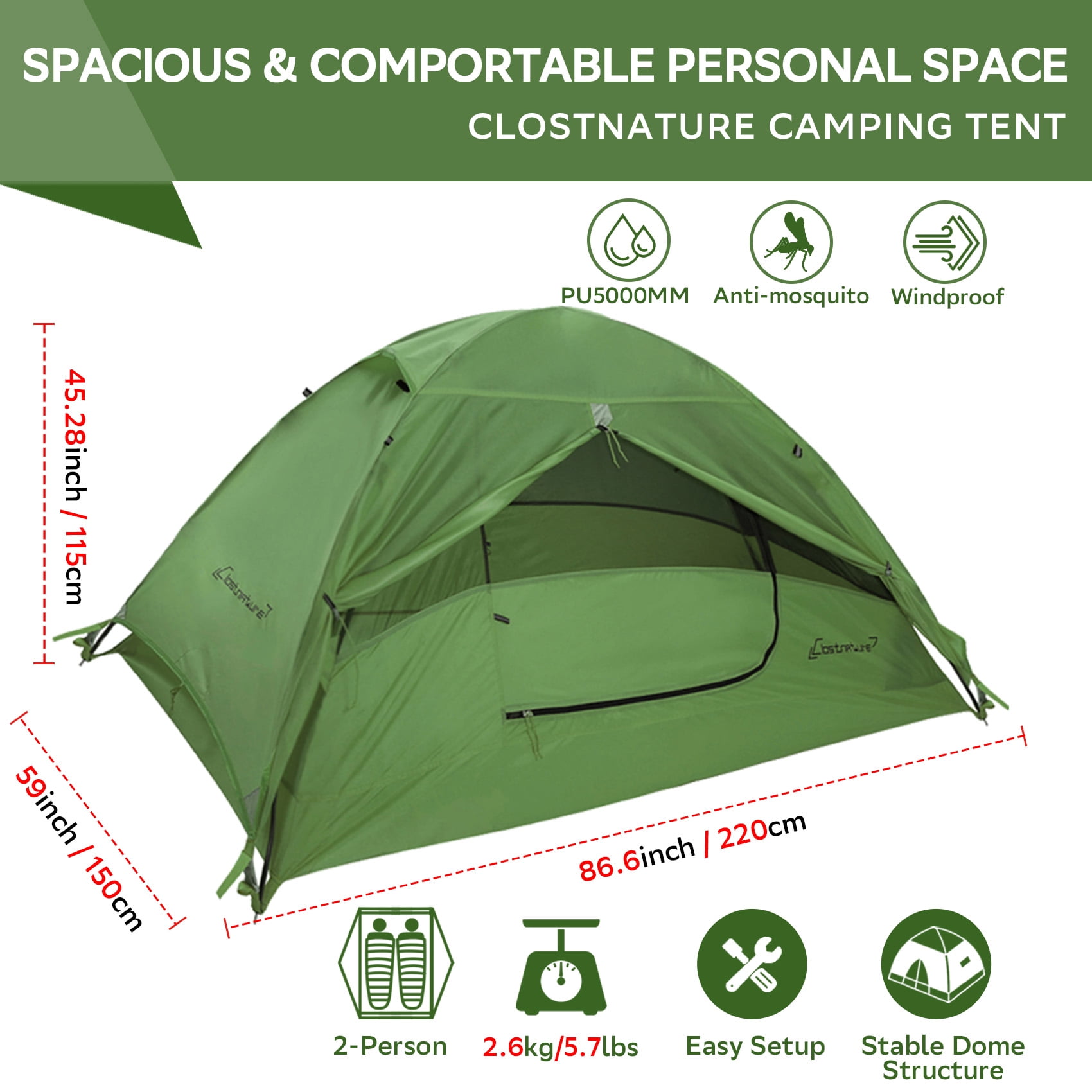 Tesleader Lightweight 2-Person Backpacking Tent, 3 Season Ultralight Waterproof Camping Tent, Green