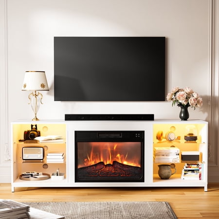 Cozy Castle Fireplace TV Cabinet with Lamps, Glass Panel Design, Luxury Modern