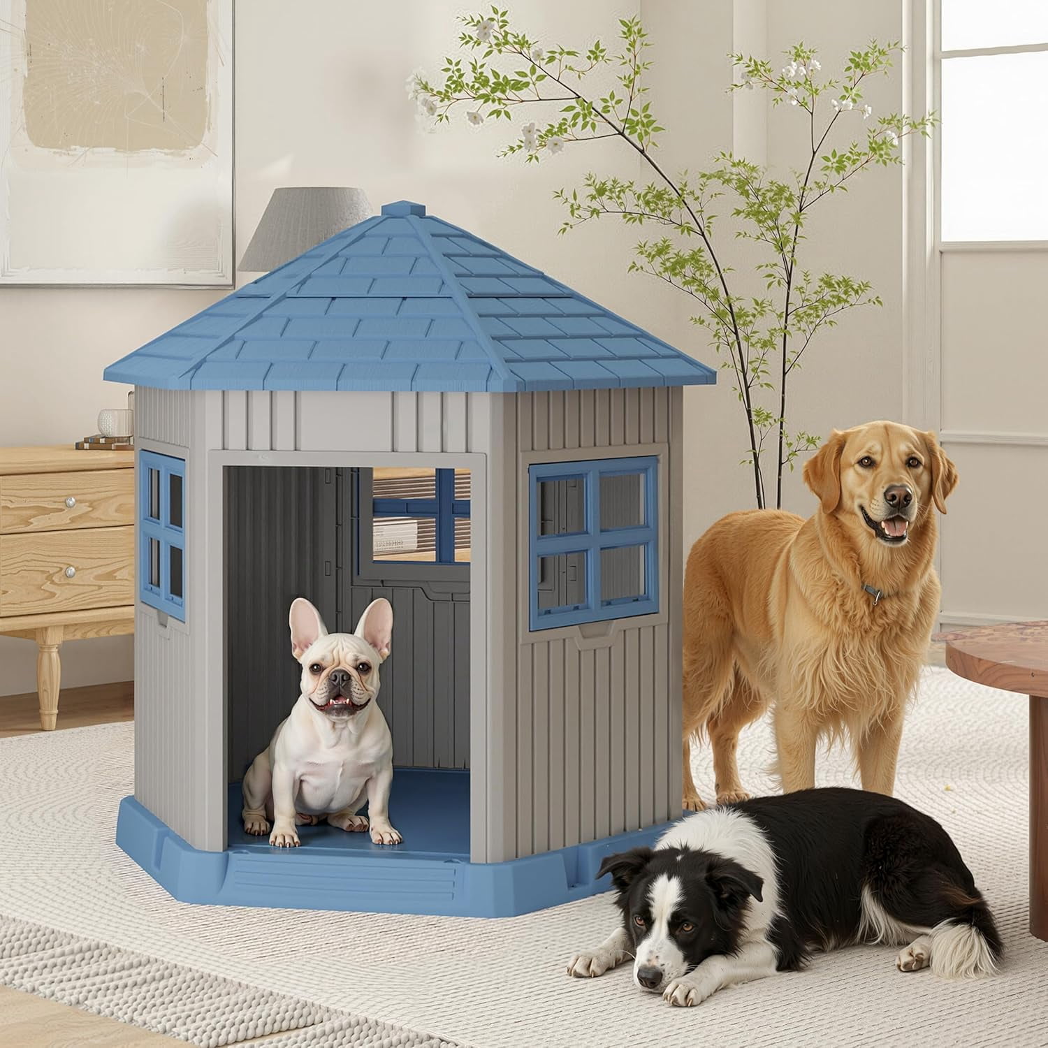 VIXZEN Large Dog House Outdoor, Barn-Style Outside Dog House with Waterproof Material & Openable Window, All-Weather Pet Shelter for Large Breeds (Blue)