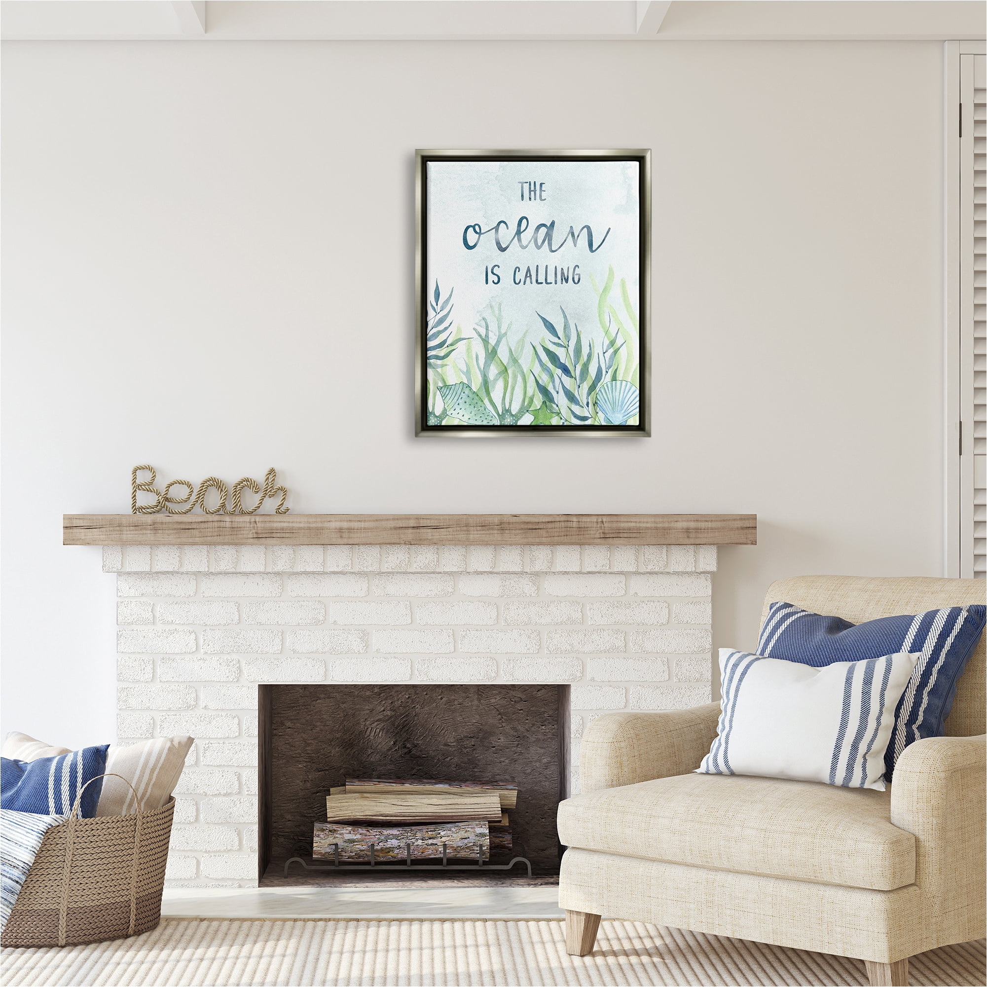 Stupell Industries Ocean Calling Phrase Animals & Insects Painting Gray Floater Framed Canvas Art Print Wall Art, 25 x 31