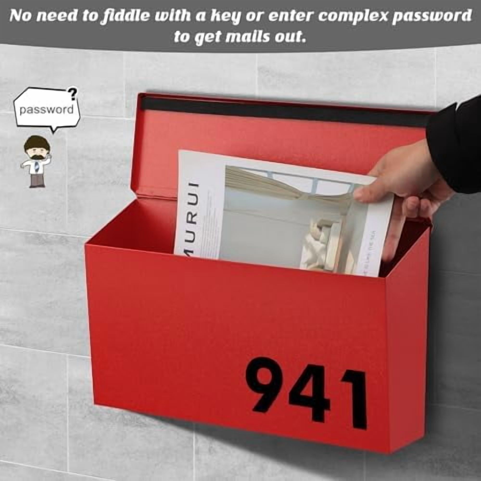 Wall-Mount Mailbox, Large Capacity Mail Box, Galvanized Steel Rust-Proof Metal Post Box, Mailboxes for Outside,15.7"x9.9"x4.9" Red