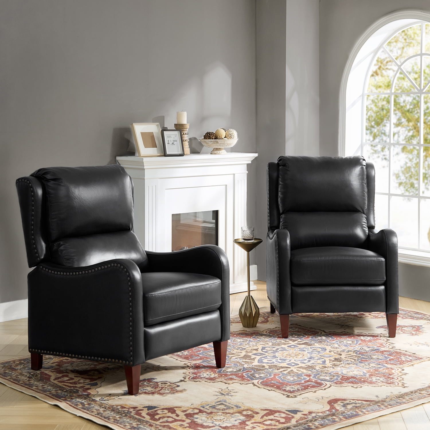 Genuine Leather Recliner Chair Push Back Wingback Set of 2 with Nailhead Trim for Living Room Bedroom Black
