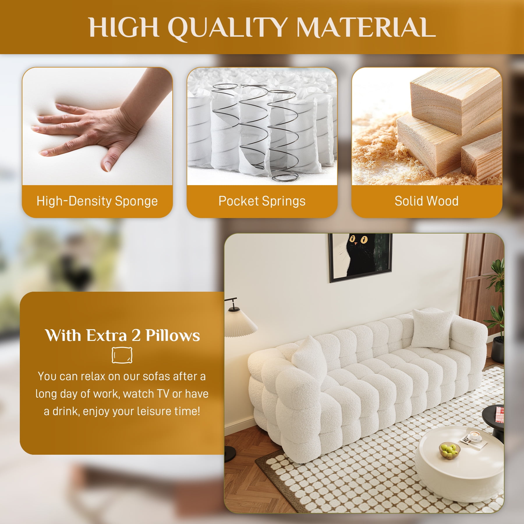 Wiilayok 80.3" Modern Tufted Upholstered 3 Seater Sofa with 2 Pillows，Comfy Sherpa Deep Seat Cloud Couch, Small Love Seat for Living Room Apartment, Beige White